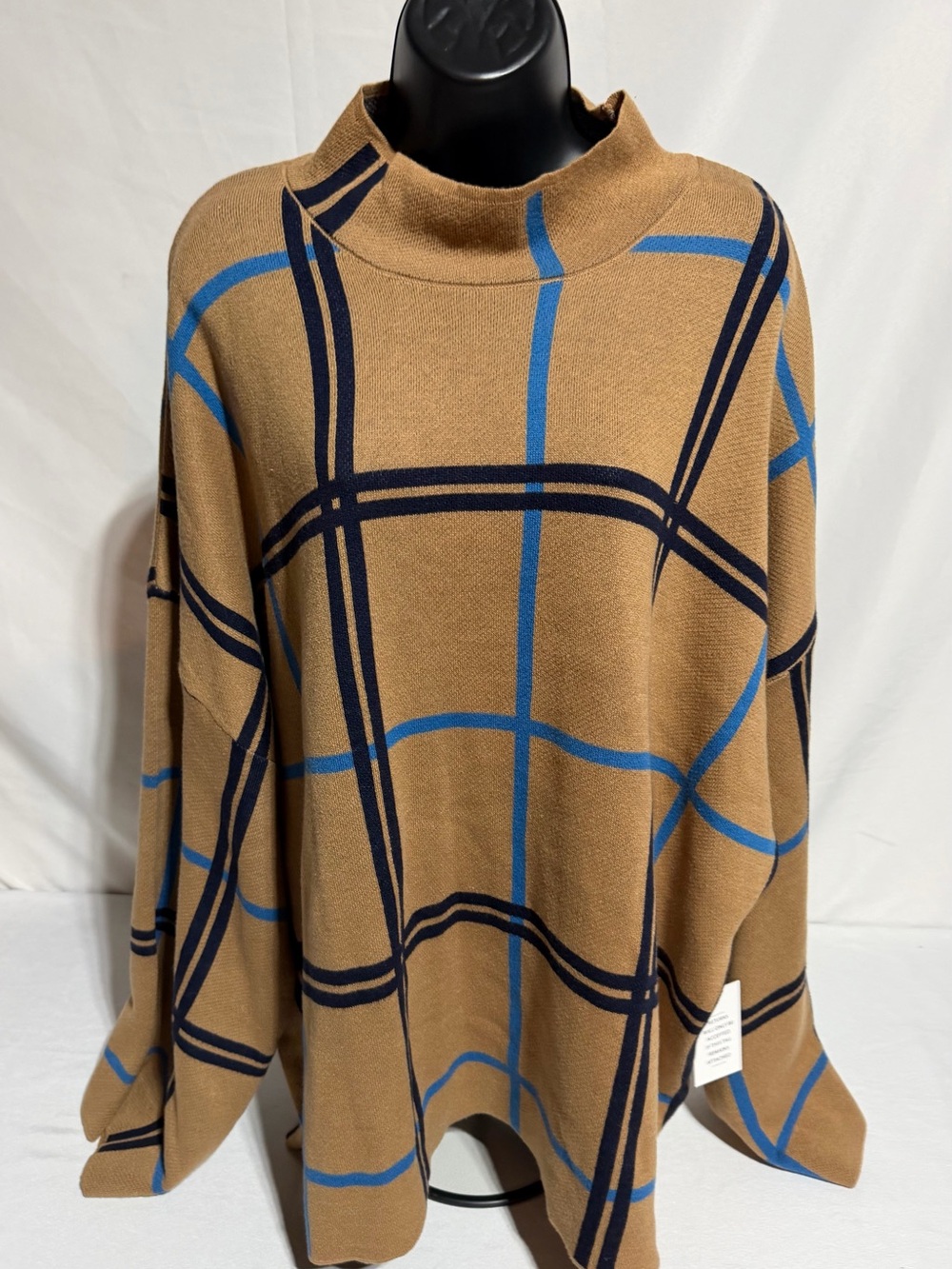 ELOQUII Plus Size 26/28 Camel Windowpane Check Mock Neck Sweater Tunic